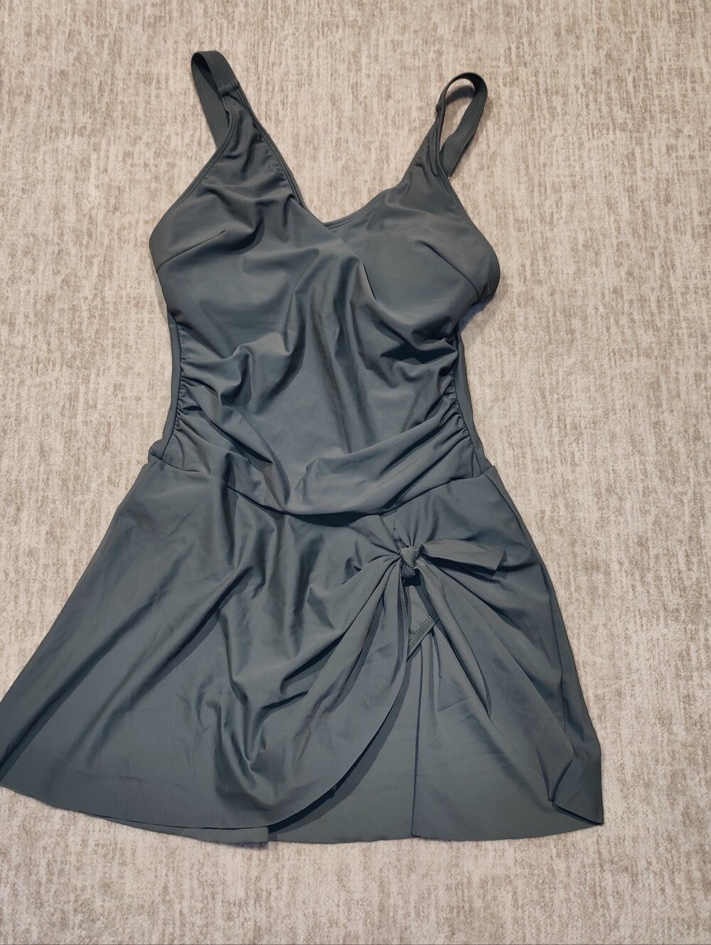 Classic V-Neck Swimsuit in Slate Green With A Sarong Style Side Tie Knot. New!